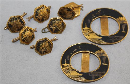 A set of dress studs and a pair of shoe buckles, early 20th century, buckles 3.6cm